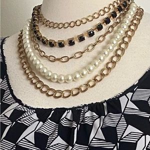 Offer?  Elegant 5 strand necklace statement piece large faux pearls chain black